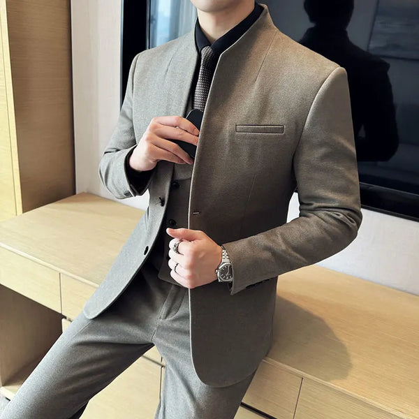 Elegant Korean Style Men's Slim Fit Three Piece Business Suit Set - Wool Blazer for Social and Formal Occasions, Available in 5XL to M Sizes